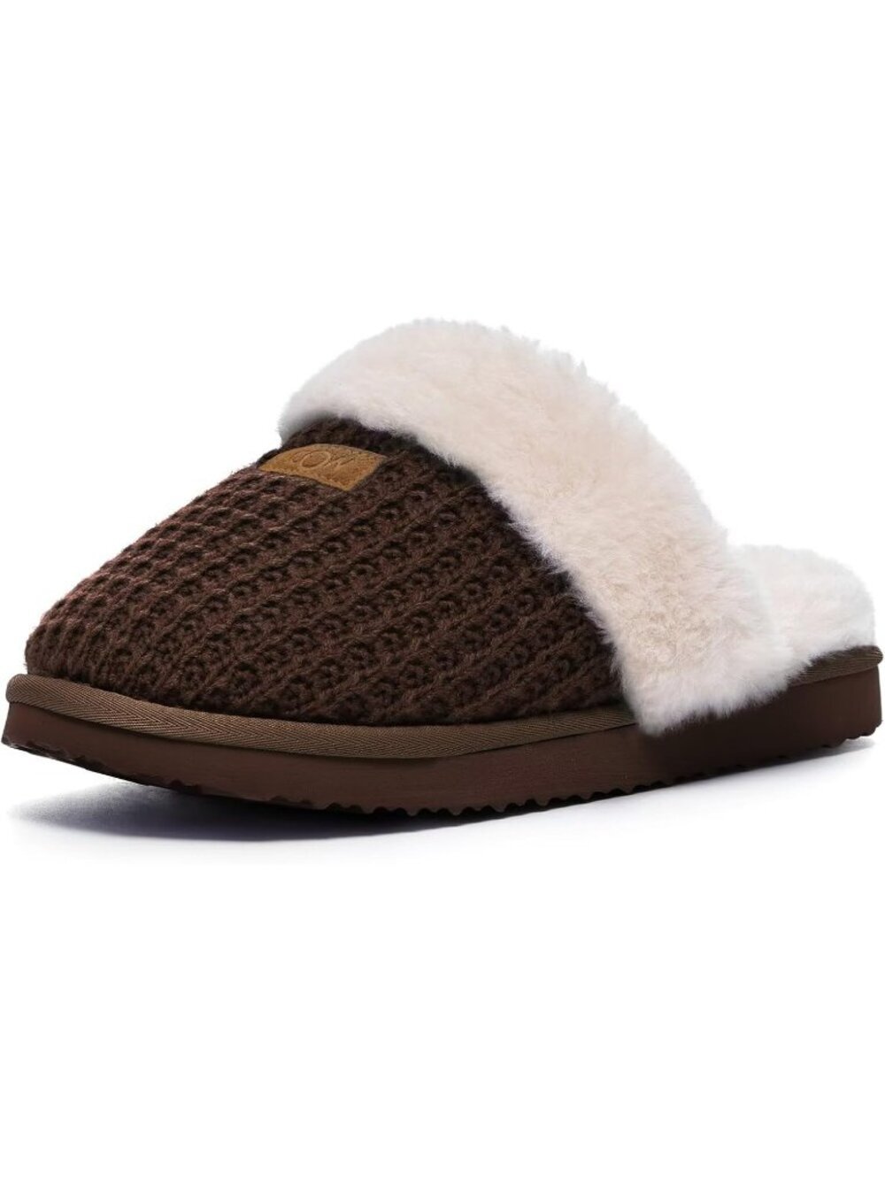 Women Brown Faux Leather Soft Warm Fuzzy Slipper Shoes for Indoor